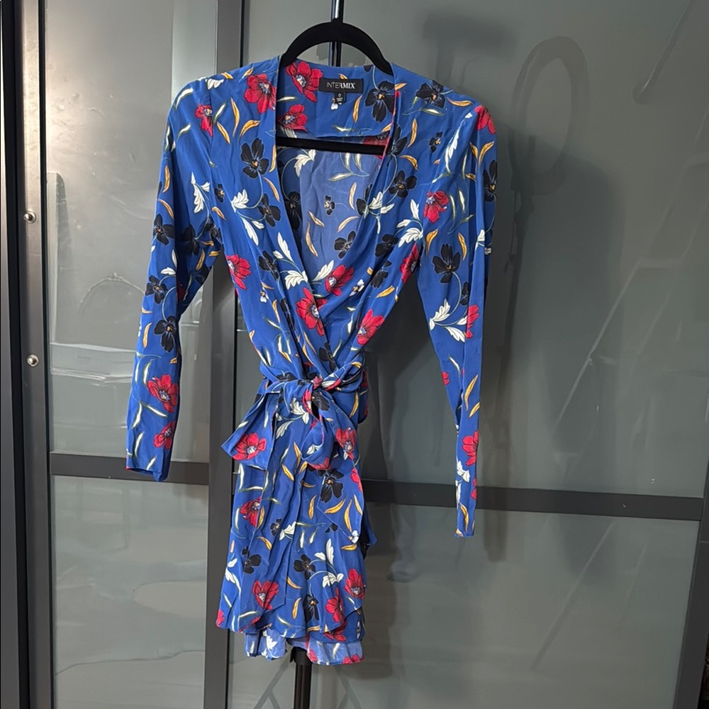 Intermix Blue Floral Wrap Silk Dress
